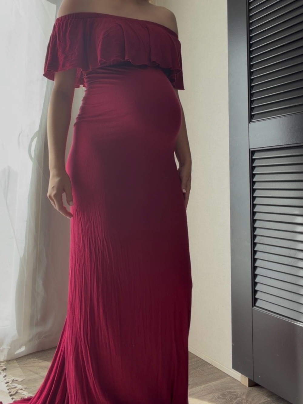 Off-Shoulder Burgundy Maternity Maxi Dress